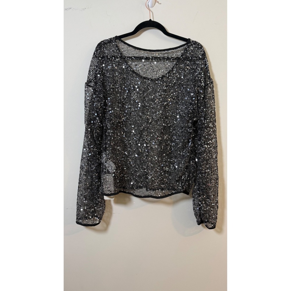 Musera Sequin Mesh To Black Silver Long Sleeve Glam Party Size Large - Picture 2 of 6